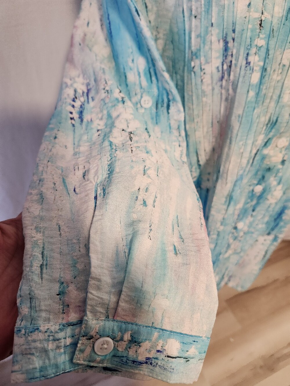 Alison Sheri Designed With Love  Brushstroke Blouse, Aqua, White & Pink Hues - Picture 5 of 9